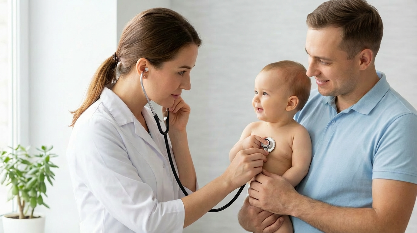 Compassionate healthcare professional examining a baby while caring father looks on - representing family-centered care at Health Clinic Salud & Familia